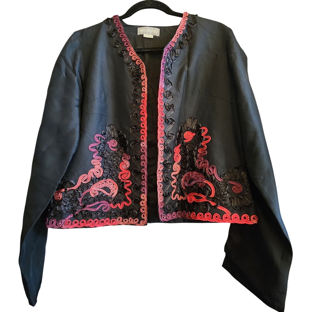Ann Trinity Jacket Womens Med Black Pink Silk Soutache Embroidered Bolero Shrug